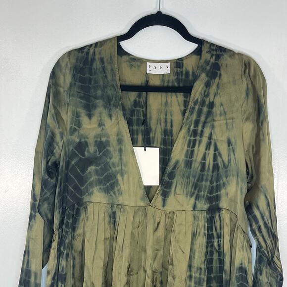 FARA RUNE MINI DRESS OLIVE TIE DYE Satin Size SM Long Sleeve Tiered Boho Beach - Picture 9 of 13